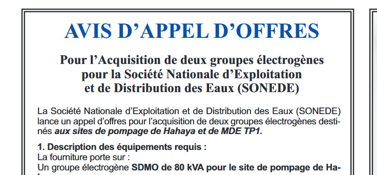 Apppel d'offre de la SONEDE pour des groupes électrgènes